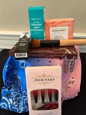 NIP-Beauty Bundle #1-Bandana, Silver Tone Earrings & Red Ombre Nails 8 items